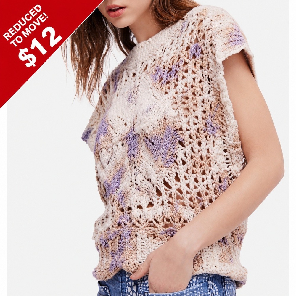 Free People Crochet Knit Sweater M Open Weave Tie-Dye Purple Beige Boho Y2K